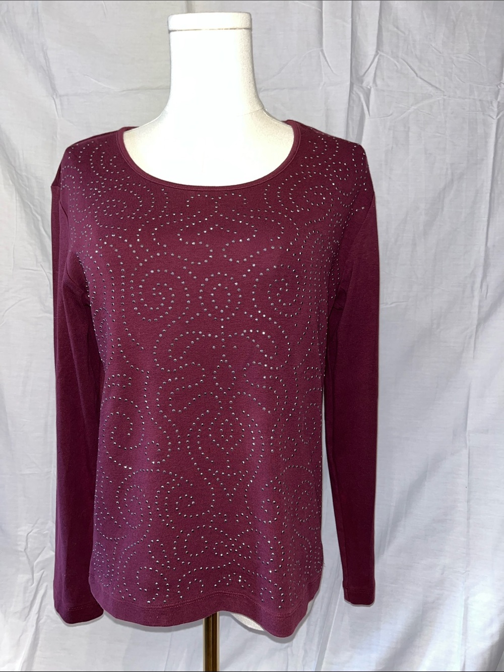 Chico's Burgundy Long-Sleeve Scoop Neck Top with Stud Detail